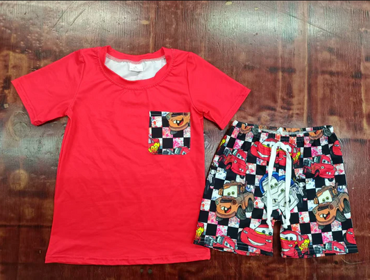 5.6 Preorder moq 5 Baby Boys Red Short Sleeves Pocket Top Cartoon Cars Short With Belt Set