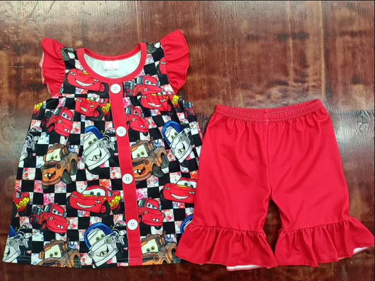 5.6 Preorder moq 5 Baby Girls Red Flutter Sleeves Cartoon Cars Button Ruffle Short Set