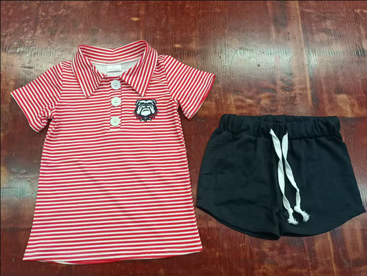 5.6 Preorder moq 5 Baby Boys Red Stripe Dog Button Pullovers Top Black Short Set
