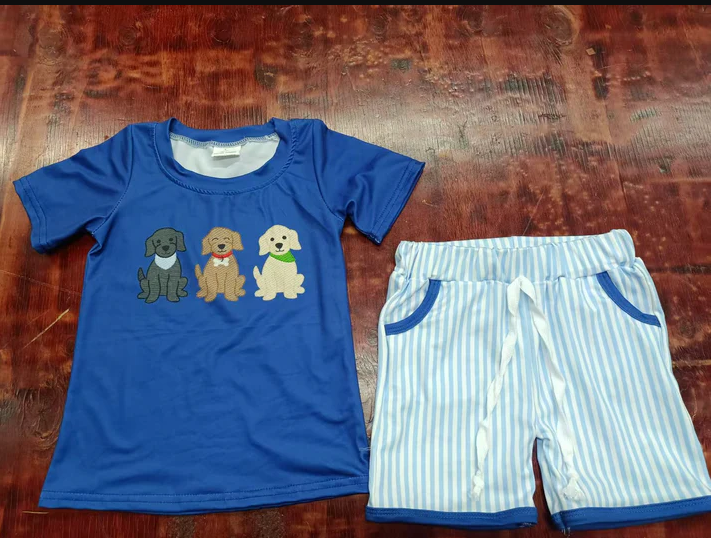 5.6 Preorder moq 5 Baby Boys Hot Blue Short Sleeves Dogs Top Stripe Pockets Short Set