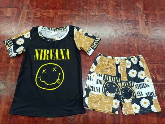 5.6 Preorder moq 5 Baby Boys Black Short Sleeves Smiles Top Short Pajamas Set
