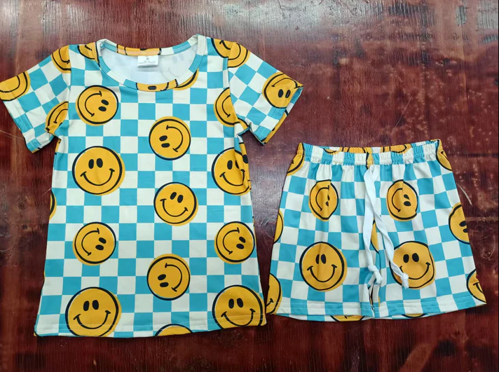 5.6 Preorder moq 5 Baby Boys Blue Plaid Short Sleeves Smiles Top Short Pajamas Set
