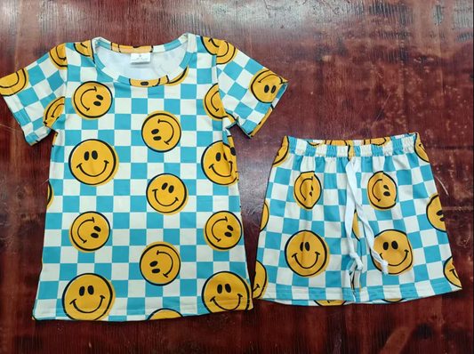 5.6 Preorder moq 5 Baby Boys Blue Plaid Short Sleeves Smiles Top Short Pajamas Set