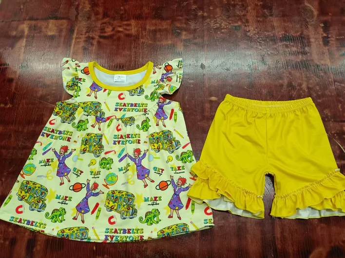 5.6 Preorder moq 5 Baby Girls Yellow Flutter Sleeves Cartoon Back To School Tunic Ruffle Shorts Set