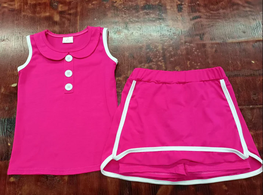 5.6 Preorder moq 5 Baby Girls Hot Pink Sleeveless Button Vests Top Short Skirt Set