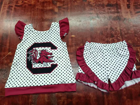 5.6 Preorder moq 5 Baby Girls Dark Red Flutter Sleeves Polka Dots C Bow Tunic Ruffle Short Set