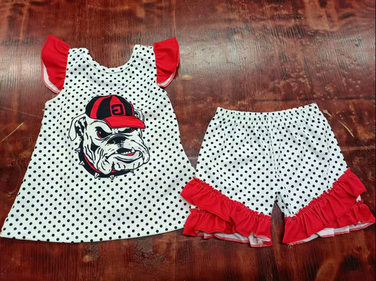 5.6 Preorder moq 5 Baby Girls Red Flutter Sleeves Polka Dots Dog Bow Tunic Ruffle Short Set
