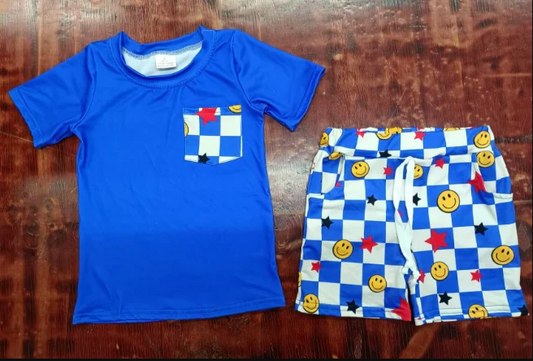 5.6 Preorder moq 5 Baby Boys Hot Blue Short Sleeves Pocket Top Smiles Stars Pockets Short Set