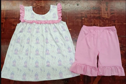 5.6 Preorder moq 5 Baby Girls Sleeveless Pink Castle Horses Tunic Ruffle Short Set