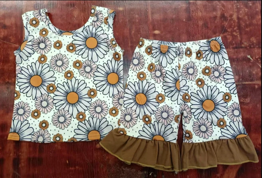 5.6 Preorder moq 5 Baby Girls Sleeveless Daisy Flowers Top Ruffle Short Set