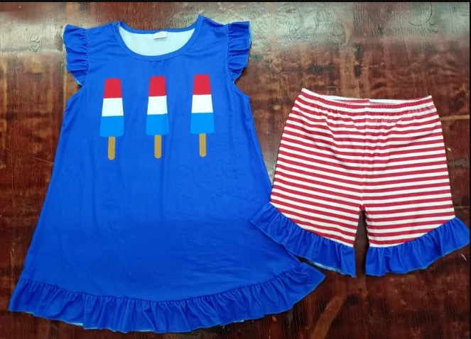 5.6 Preorder moq 5 Baby Girls Blue Flutter Sleeves Popsicle Tunic Red Stripe Ruffle Shorts 4th Of July Set