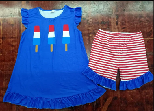 5.6 Preorder moq 5 Baby Girls Blue Flutter Sleeves Popsicle Tunic Red Stripe Ruffle Shorts 4th Of July Set