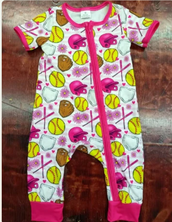 5.6 Preorder moq 5 Baby Girls Pink Short Sleeves Baseballs Flowers Zipper Pant Rompers