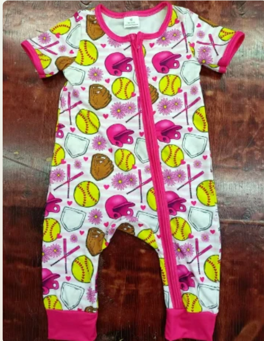 5.6 Preorder moq 5 Baby Girls Pink Short Sleeves Baseballs Flowers Zipper Pant Rompers