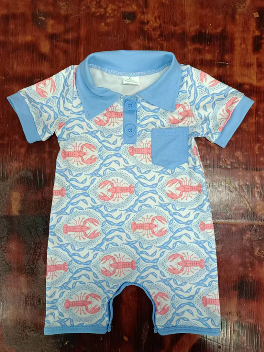 5.6 Preorder moq 5 Baby Boys Short Sleeves Crayfishes Button Pocket Rompers