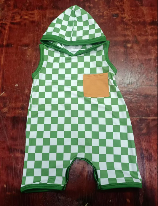 5.6 Preorder moq 5 Baby Boys Short Sleeves Green Plaid Pocket Rompers