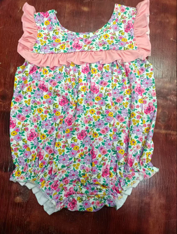 5.6 Preorder moq 5 Baby Girls Sleeveless Pink Lavender Floral Ruffle Rompers
