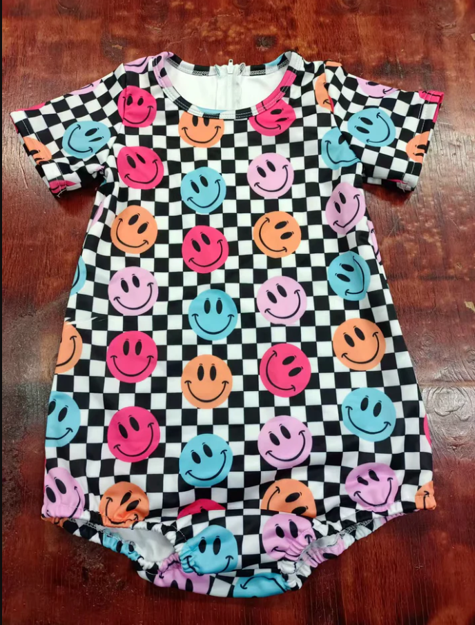 5.6 Preorder moq 5 Baby Girls Short Sleeves Black Plaid Colorful Smiles Ruffle Rompers