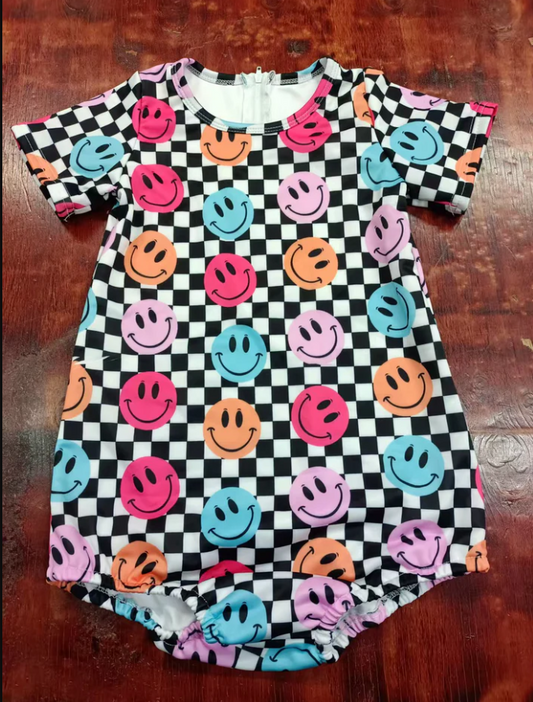 5.6 Preorder moq 5 Baby Girls Short Sleeves Black Plaid Colorful Smiles Ruffle Rompers