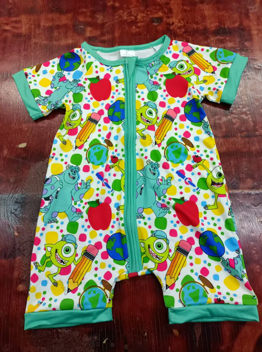 5.6 Preorder moq 5 Baby Boys Short Sleeves Cartoon Eyes Back To School Zipper Rompers