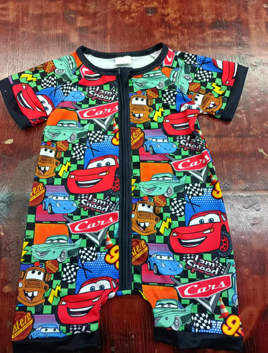 5.6 Preorder moq 5 Baby Boys Short Sleeves Cartoon Cars Zipper Rompers