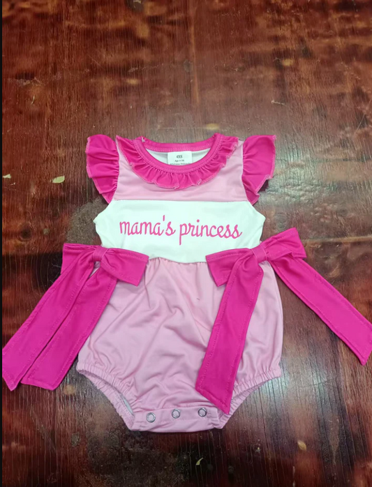 5.6 Preorder moq 5 Baby Girls Hot Pink Flutter Sleeves Mama's Princess Bows Ruffle Rompers