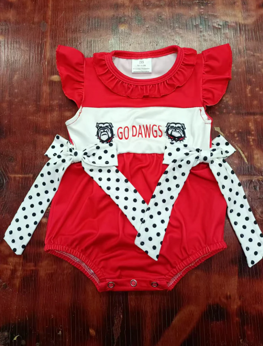 5.6 Preorder moq 5 Baby Girls Red Flutter Sleeves Go Dawgs Dogs Polka Dots Bows Ruffle Rompers
