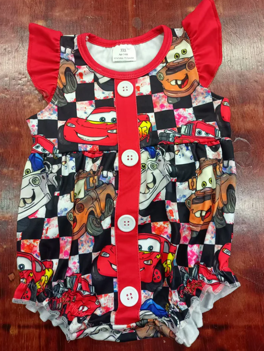 5.6 Preorder moq 5 Baby Girls Red Flutter Sleeves Cartoon Cars Button Ruffle Rompers