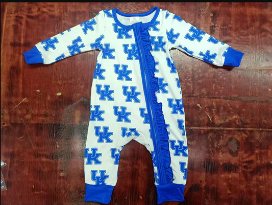 5.6 Preorder moq 5 Baby Girls Long Sleeves Blue UK Ruffle Zipper Rompers