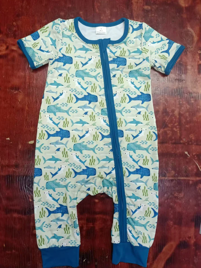 5.6 Preorder moq 5 Baby Boys Short Sleeves Sharks Zipper Pant Rompers