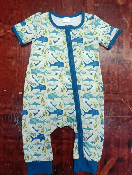 5.6 Preorder moq 5 Baby Boys Short Sleeves Sharks Zipper Pant Rompers