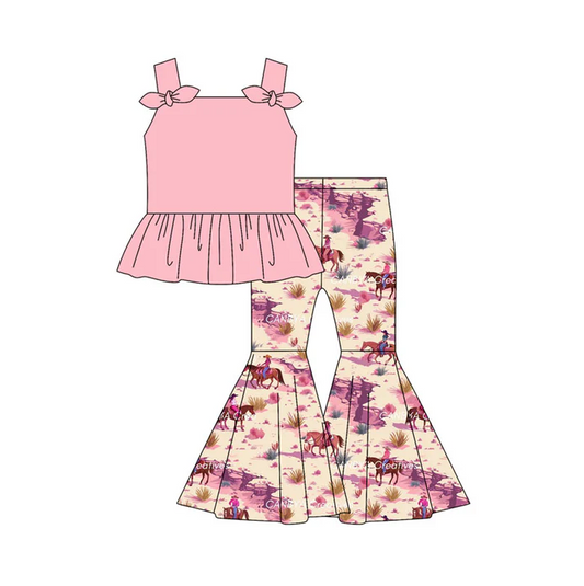 5.7 Preorder moq 5 Baby Girls Pink Strap Bows Tunic Horse Rodeos Bell Bottom Pants Set