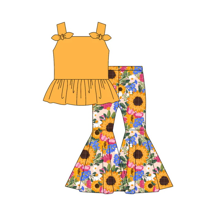 5.7 Preorder moq 5 Baby Girls Yellow Strap Bows Tunic Sunflowers Bell Bottom Pants Set