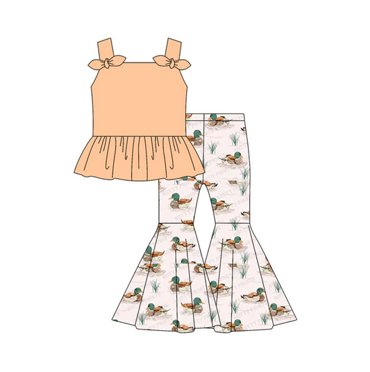 5.7 Preorder moq 5 Baby Girls Yellow Strap Bows Tunic Flowers Bell Bottom Pants Set
