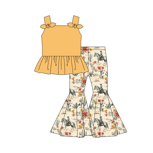 5.7 Preorder moq 5 Baby Girls Yellow Strap Bows Tunic Horse Rodeos Flowers Bell Bottom Pants Set