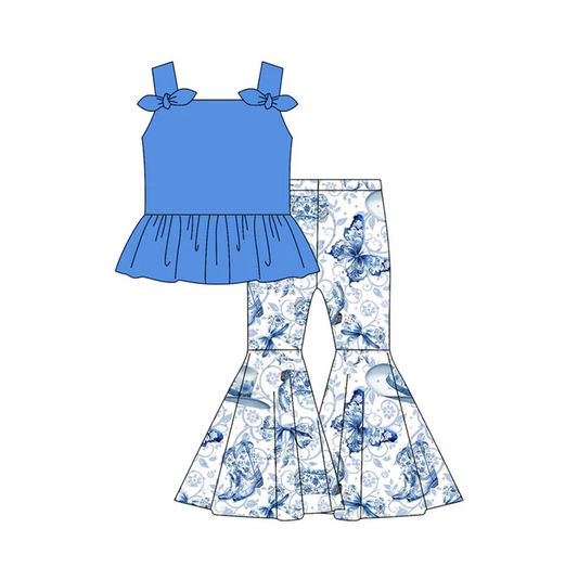5.7 Preorder moq 5 Baby Girls Hot Blue Strap Bows Tunic Floral Butterfly Bell Bottom Pants Set