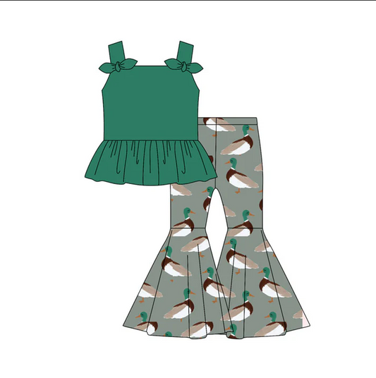 5.7 Preorder moq 5 Baby Girls Dark Green Strap Bows Tunic Ducks Bell Bottom Pants Set