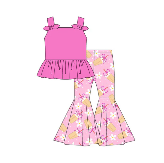 5.7 Preorder moq 5 Baby Girls Hot Pink Strap Bows Tunic Flowers Bows Juice Bell Bottom Pants Set