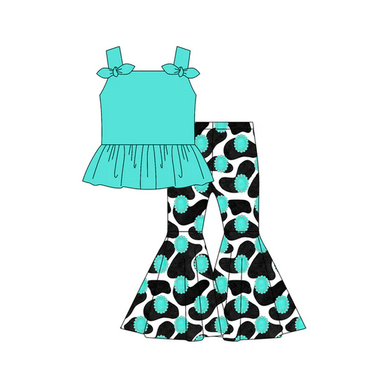 5.7 Preorder moq 5 Baby Girls Aqua Strap Bows Tunic Cows Print Turquoise Bell Bottom Pants Set
