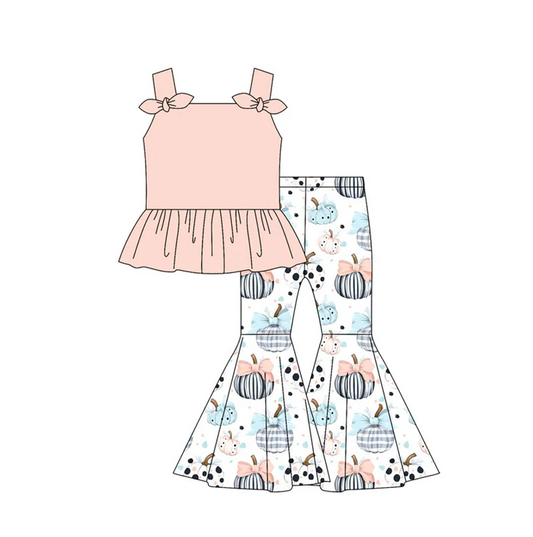 5.7 Preorder moq 5 Baby Girls Peach Strap Bows Tunic Bows Pumpkins Bell Bottom Pants Set