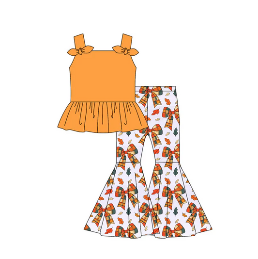 5.7 Preorder moq 5 Baby Girls Orange Strap Bows Tunic Bows Leaves Bell Bottom Pants Set