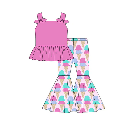 5.7 Preorder moq 5 Baby Girls Pink Strap Bows Tunic Ice Creams Bell Bottom Pants Set