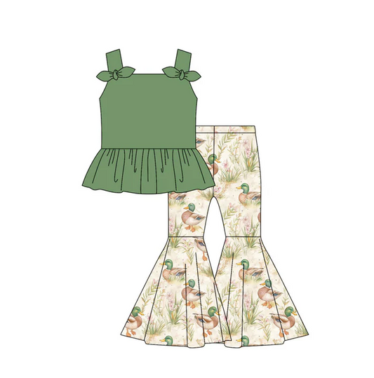 5.7 Preorder moq 5 Baby Girls Green Strap Bows Tunic Ducks Bell Bottom Pants Set