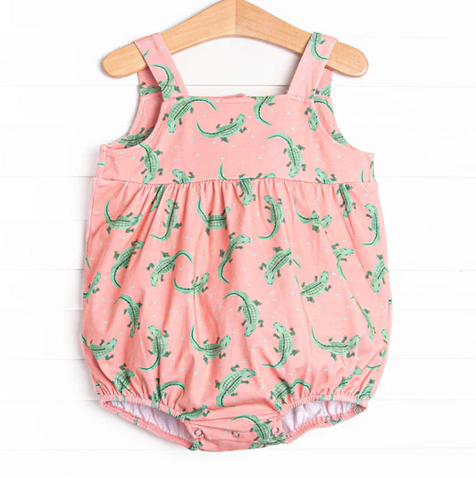 5.7 Preorder moq 5 Baby Girls Peach Sleeveless Crocodiles Ruffle Rompers