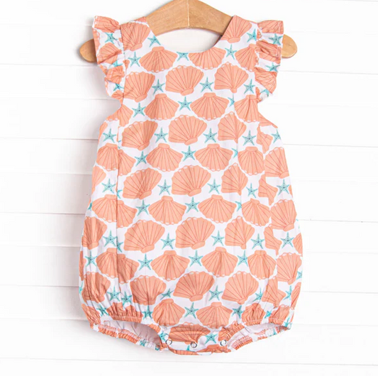 5.7 Preorder moq 5 Baby Girls Flutter Sleeves Starfishes Shell Ruffle Rompers