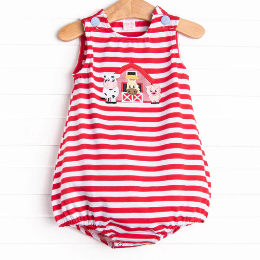 5.7 Preorder moq 5 Baby Boys Red Stripe Sleeveless Cow House Farm Rompers