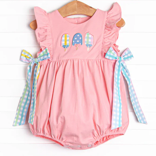 5.7 Preorder moq 5 Baby Girls Pink Flutter Sleeves Popsicle Bows Ruffle Rompers