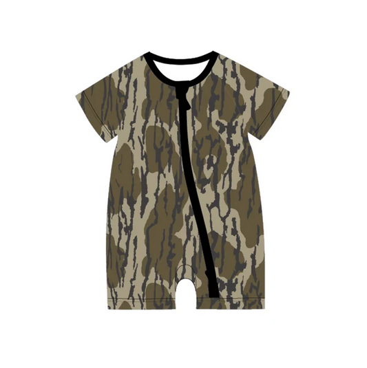 5.7 Preorder moq 5 Baby Boys Short Sleeves Olive Bottomland Camo Zipper Rompers