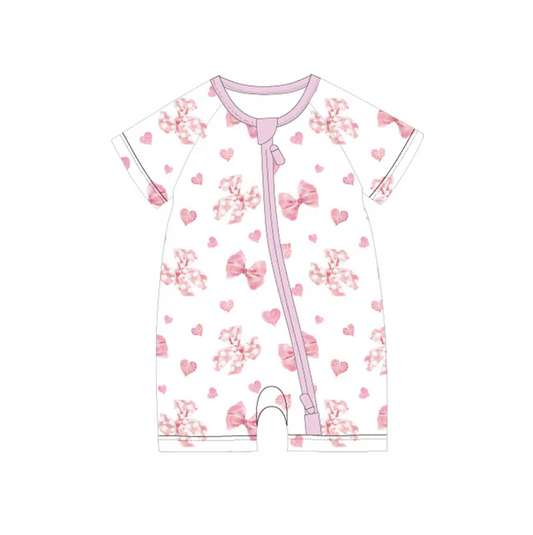 5.7 Preorder moq 5 Baby Girls Short Sleeves Pink Bows Hearts Zipper Rompers