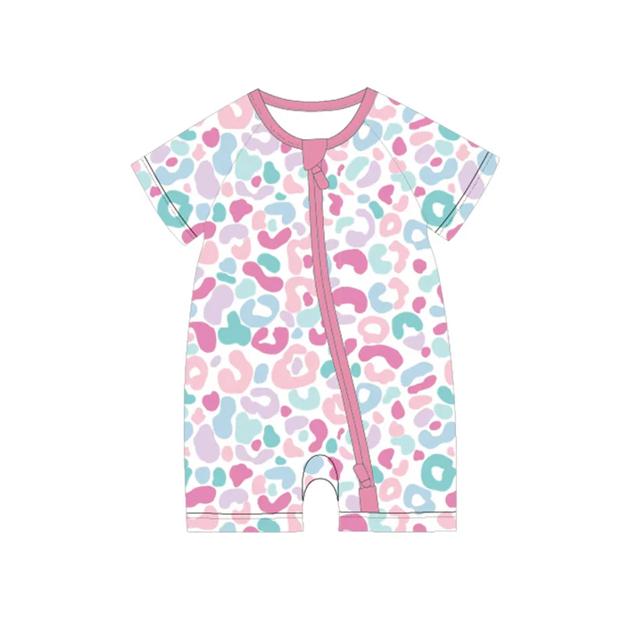 5.7 Preorder moq 5 Baby Girls Short Sleeves Colorful Leopard Zipper Rompers